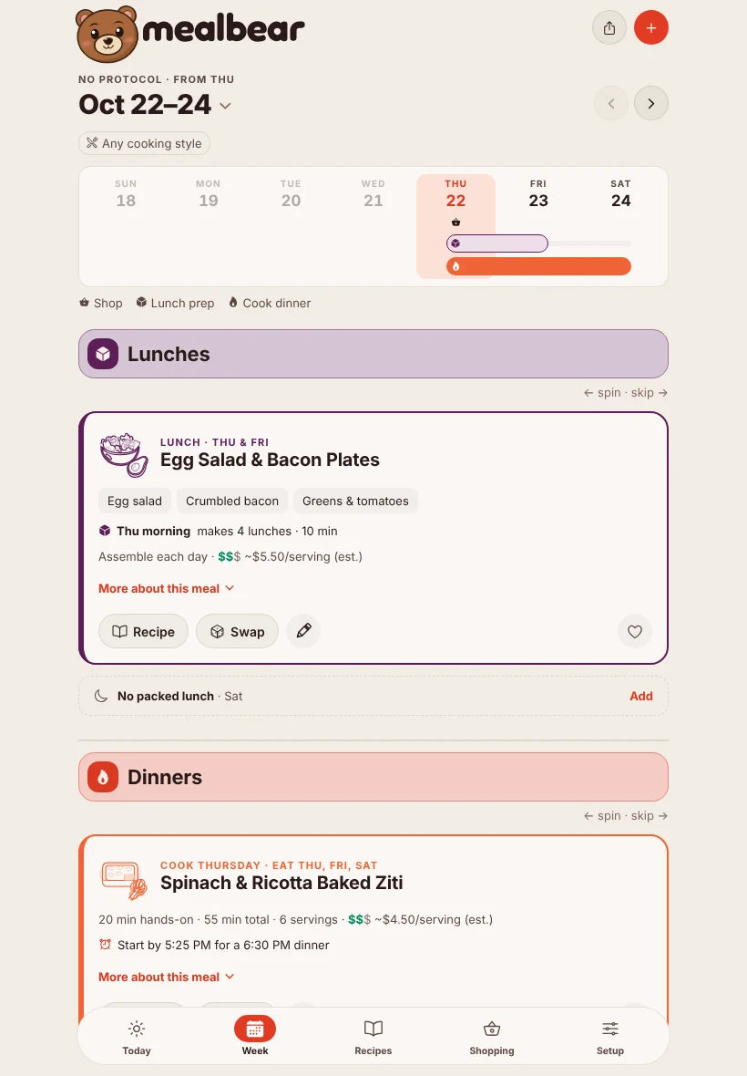 MealBear on iPad: the Week screen