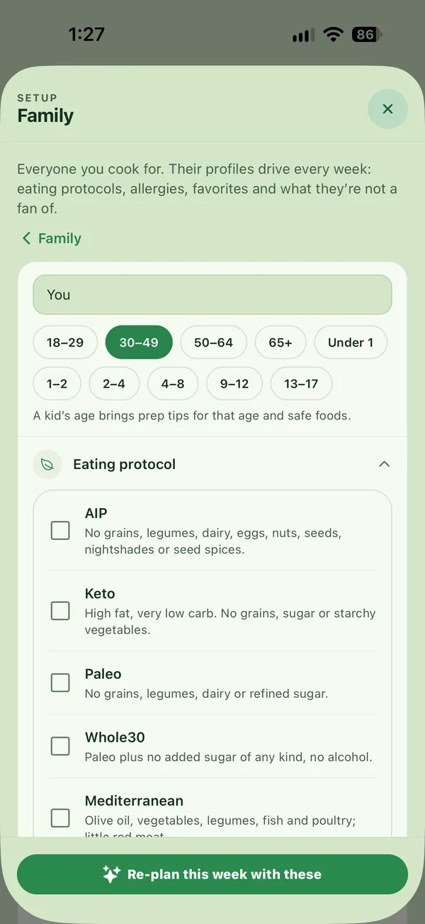 MealBear Setup: family members with ages and eating protocols