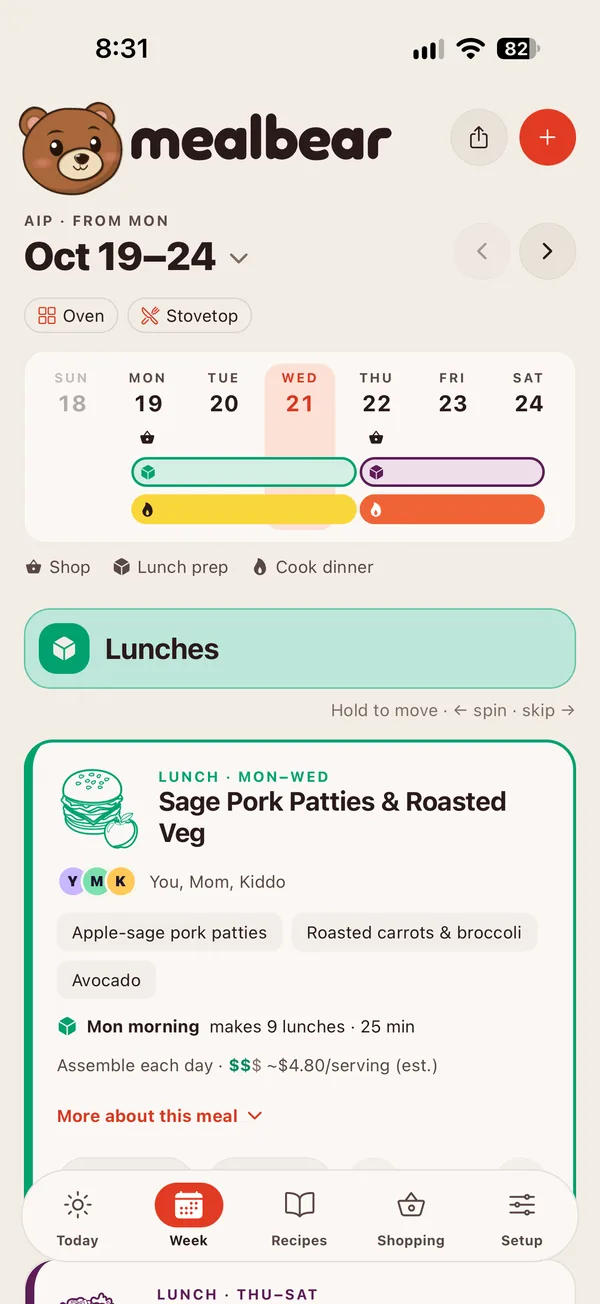 MealBear Week screen: a week of dinners and packed lunches laid out in colour-coded blocks
