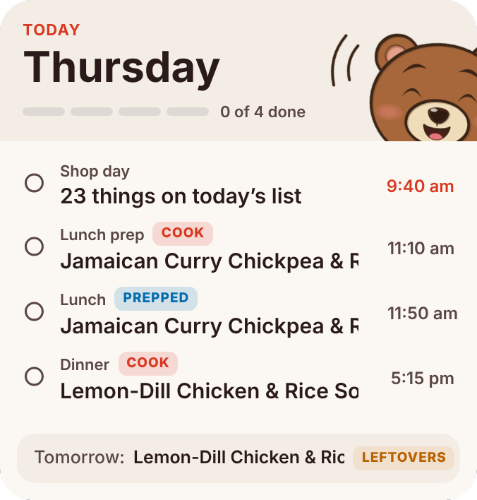 MealBear large widget: today's jobs with times, meal tags and tomorrow's dinner