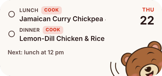 MealBear medium widget: today's lunch and dinner with Cook tags